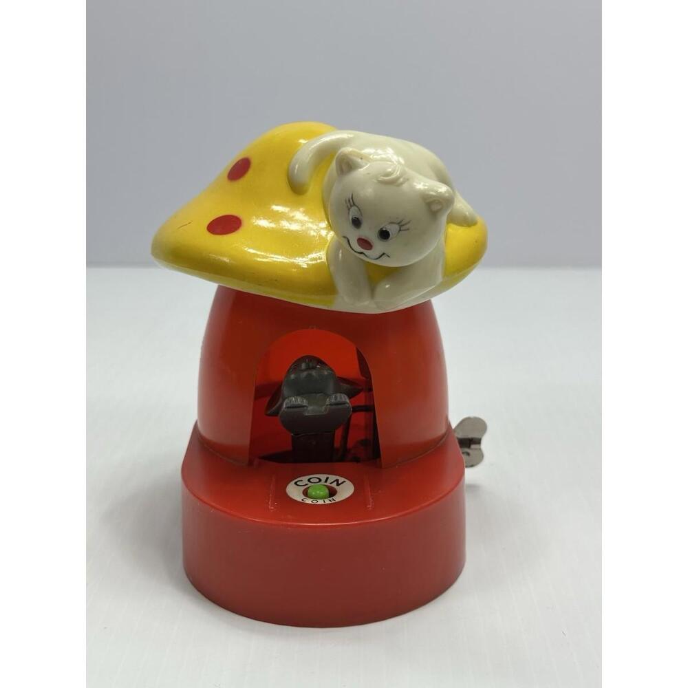 Vintage 1970's Plastic Wind Up Cat and Mouse Mechanical Bank REG Phila Hong Kong